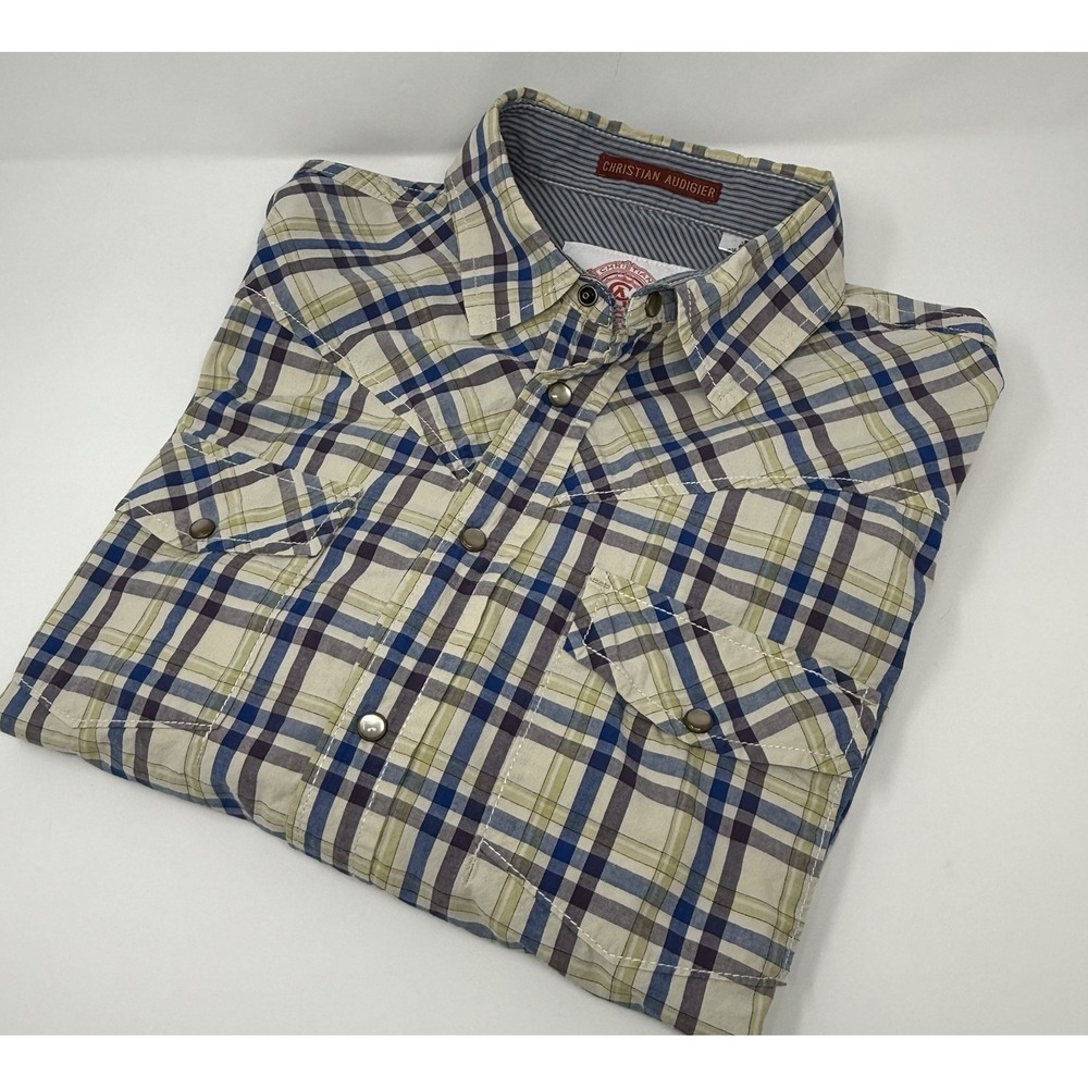 CHRISTIAN AUDIGIER VTG Shirt Mens L Western Style Plaid Button Up LS Pearl Snap